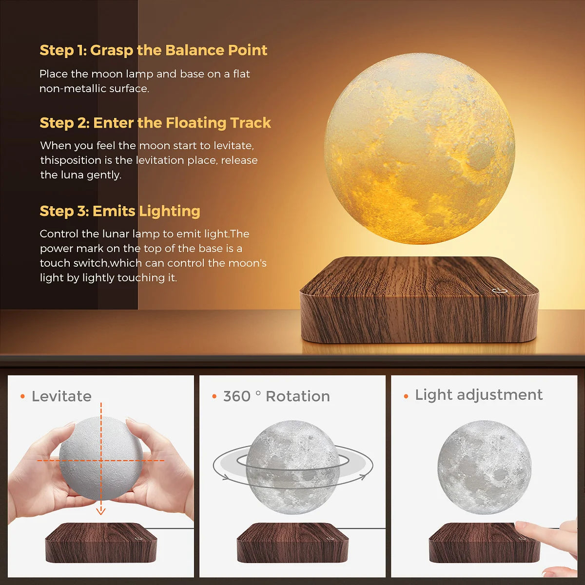 Magnetic Levitation Moon Lamp – Floating Lighting with Rotation and 3 Color Modes – Elegant Decoration for Office and Home