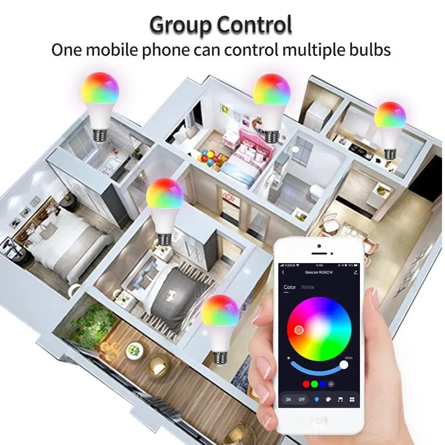 Ampoule LED Intelligente E27 – RGB, Contrôle Bluetooth & APP, 15W