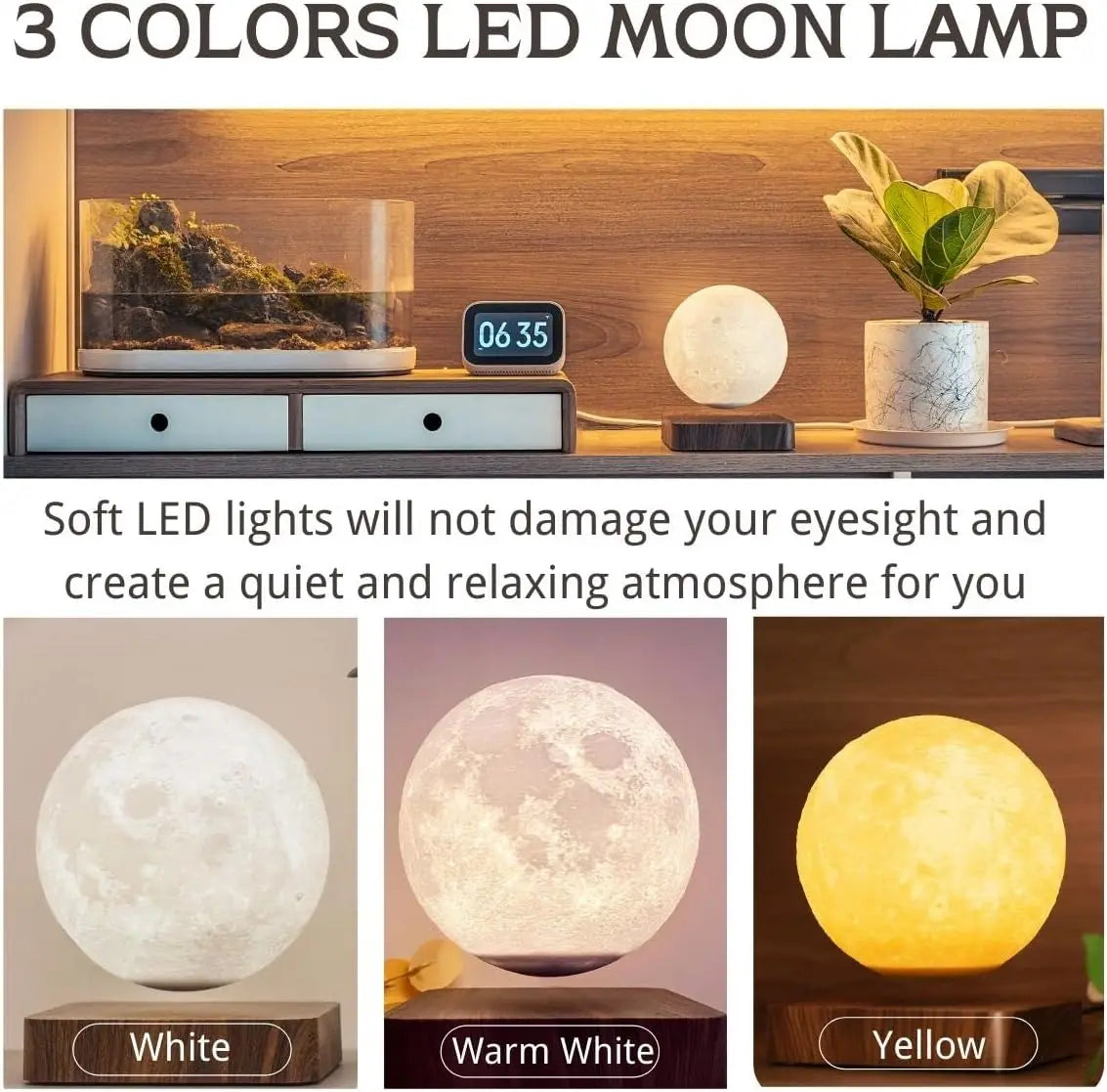 Magnetic Levitation Moon Lamp – Floating Lighting with Rotation and 3 Color Modes – Elegant Decoration for Office and Home